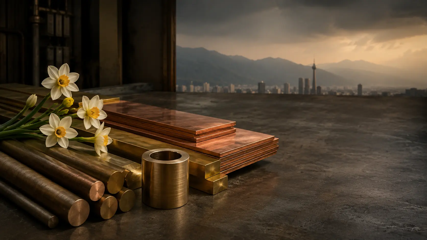 تصویر مفهومی خرید مس برنج و فسفر برنز در تهران با گل نرگس